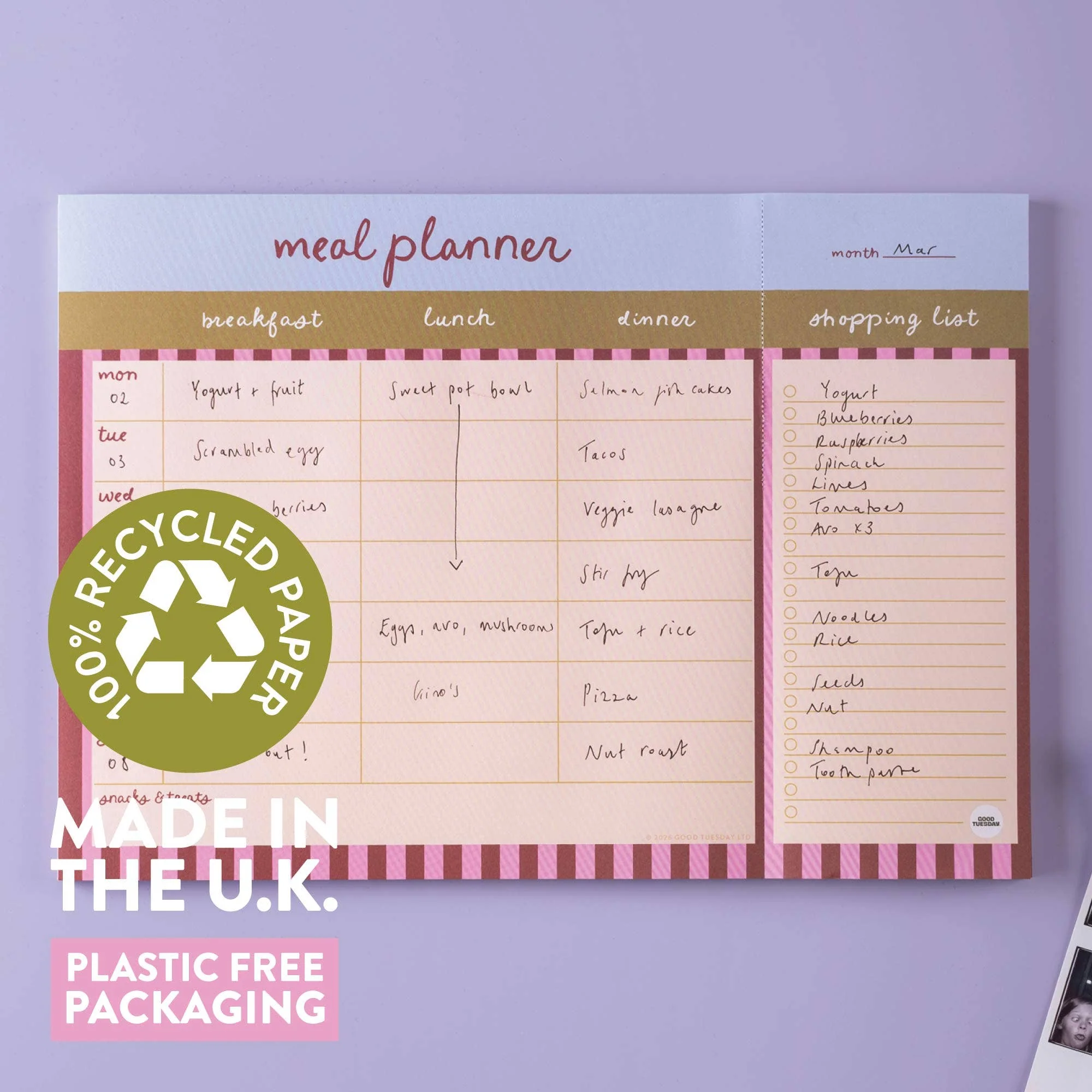 A4 Weekly Meal Planner Pad | Berry Stripe - Image 3