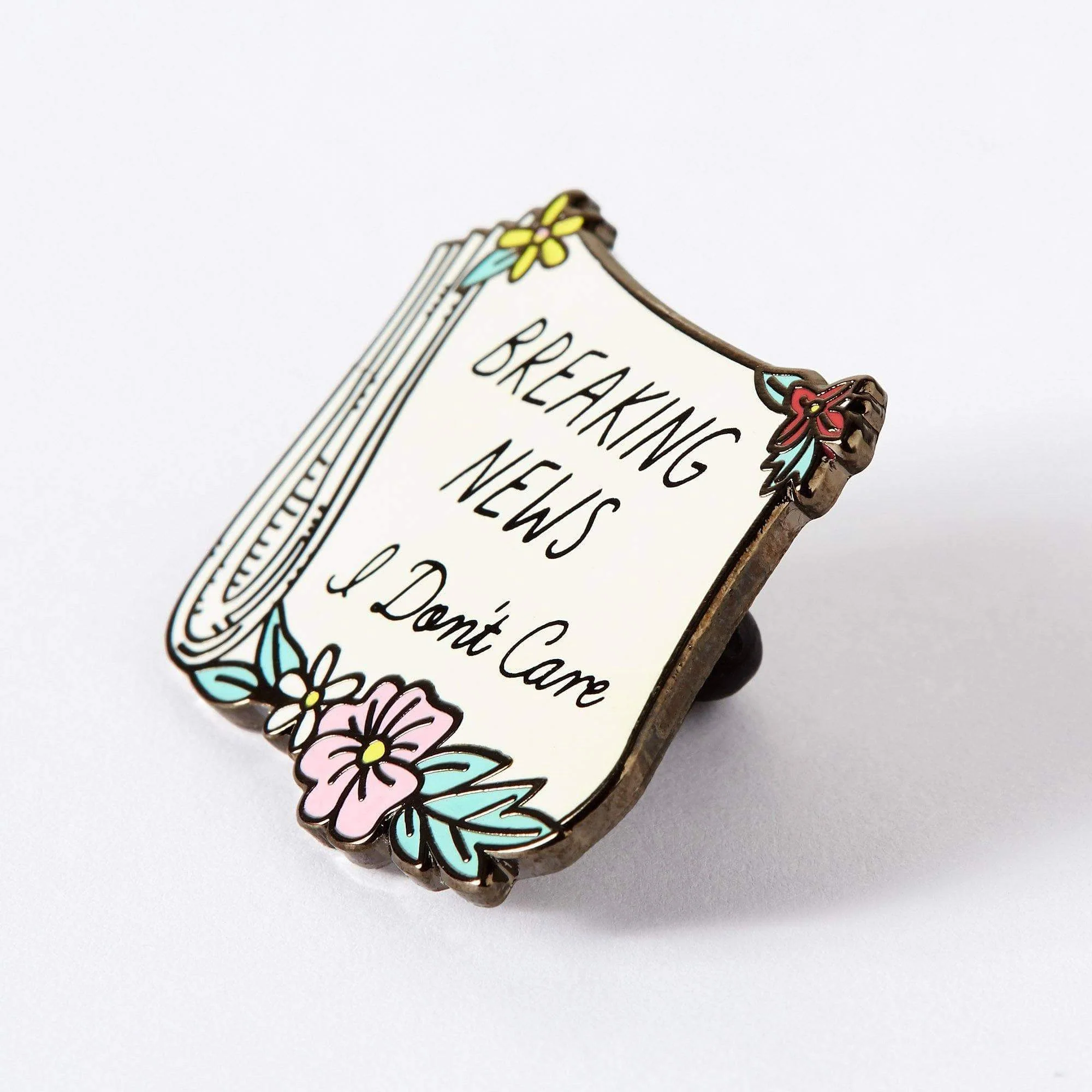 Breaking News, I Don't Care Paper Enamel Pin - Image 3