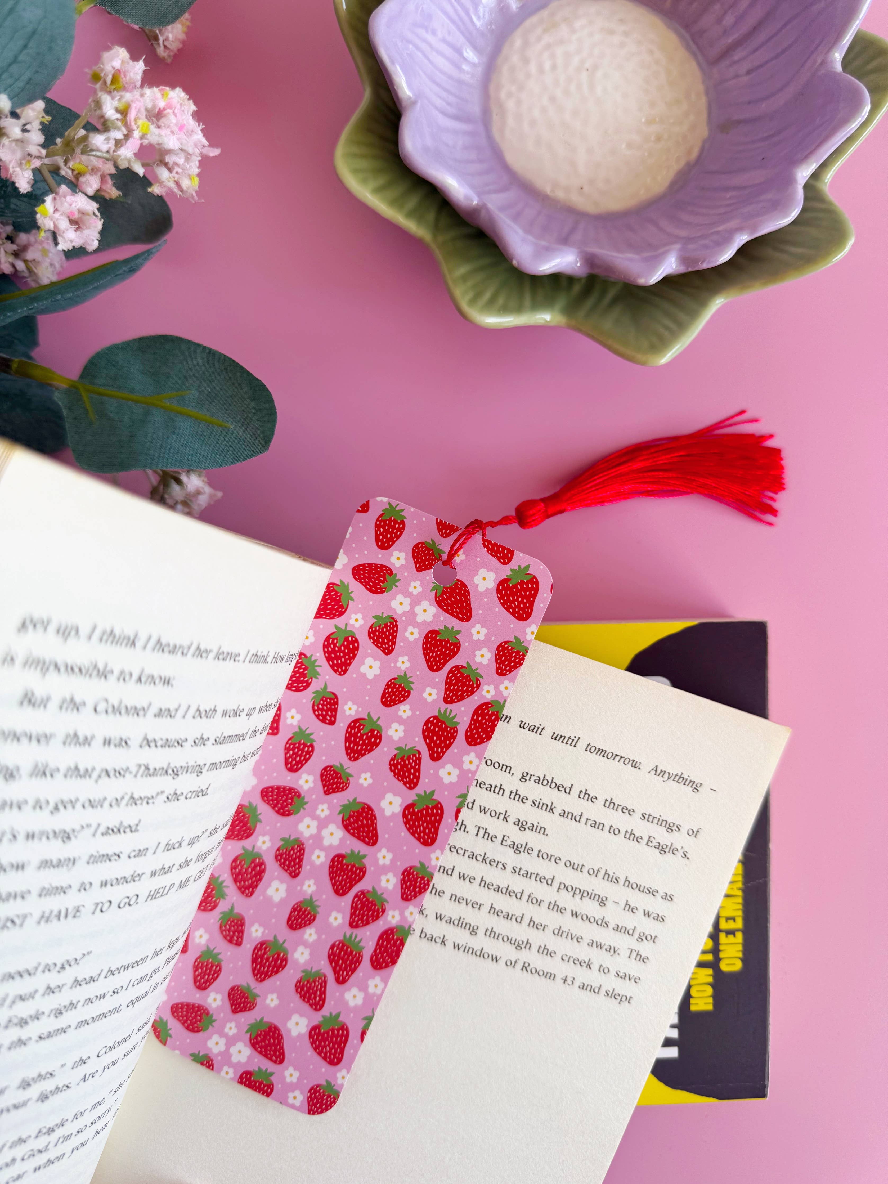 Strawberry Print Bookmark | Pink & Red Bookmark with Tassel - Image 3