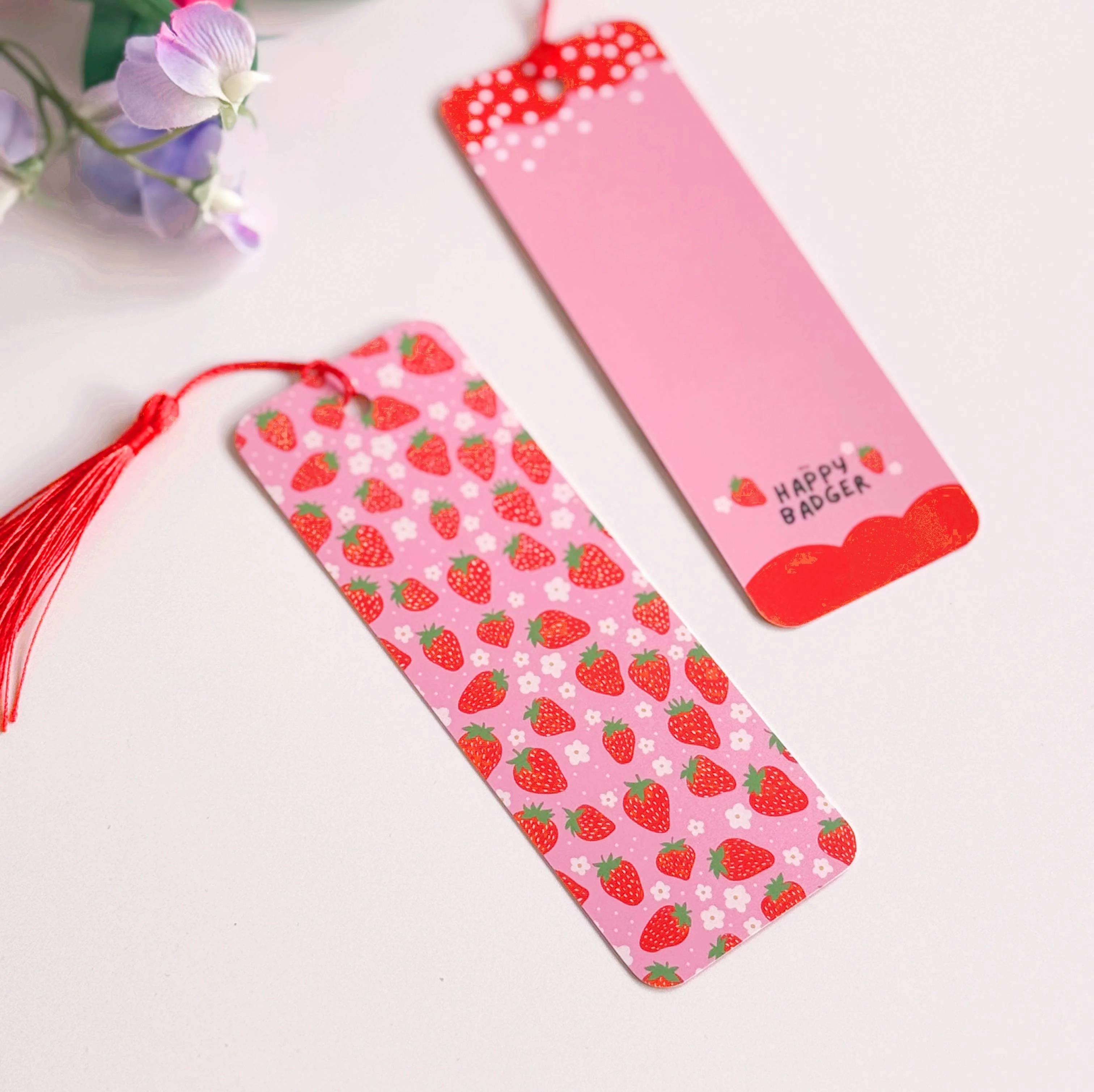 Strawberry Print Bookmark | Pink & Red Bookmark with Tassel - Image 4